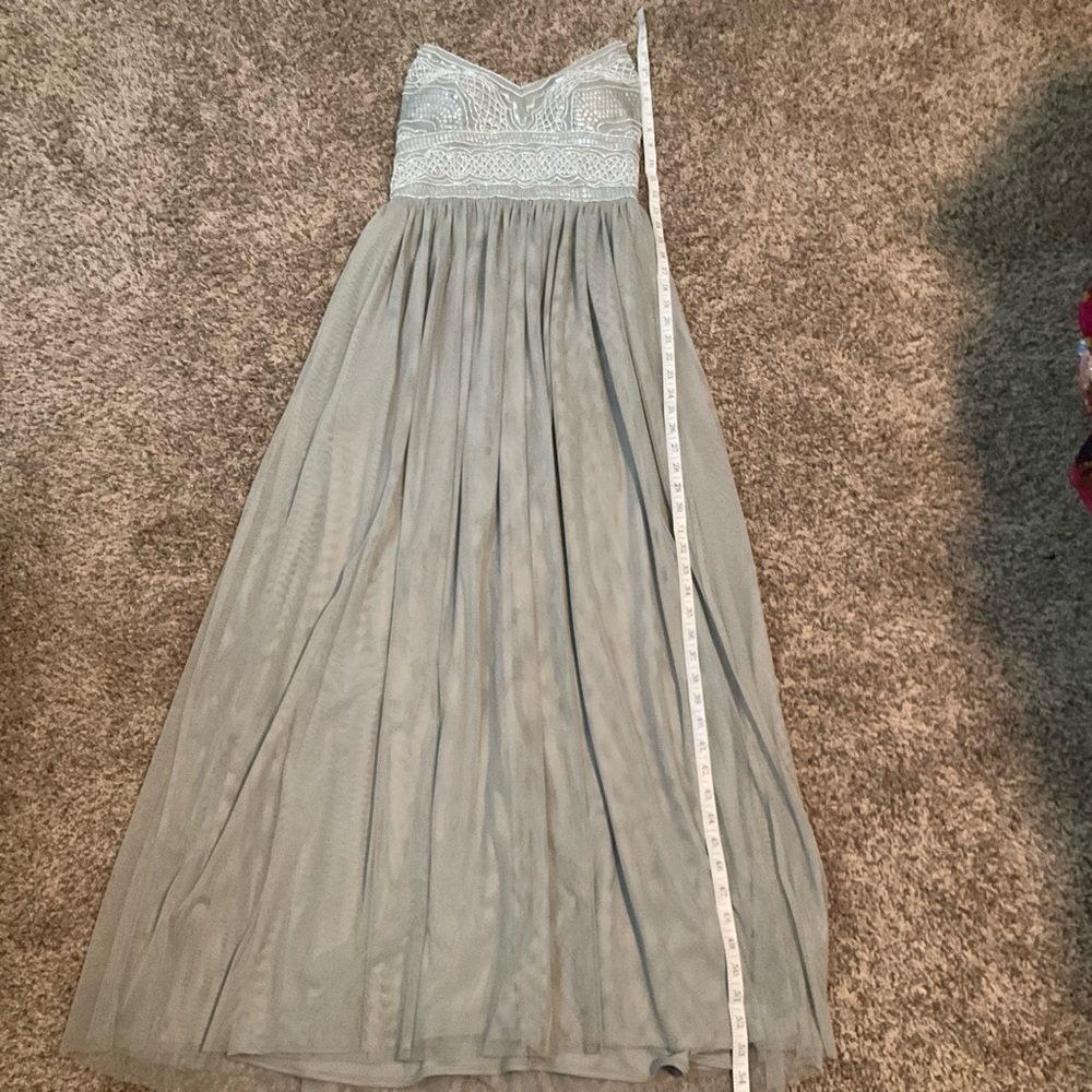 Adrianna Papell Sage Green Gray Aida Beaded Tulle Gown Prom Dress Sz 4 Formal - Picture 11 of 14